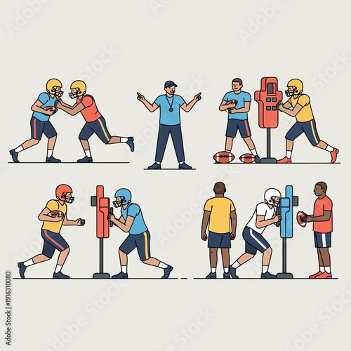 American Football Training Drills: Players Practice Tackling and Blocking with Coach