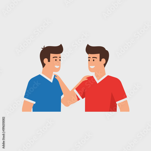 Two friends, men, supporting each other with a hand on shoulder, friendship, trust, teamwork