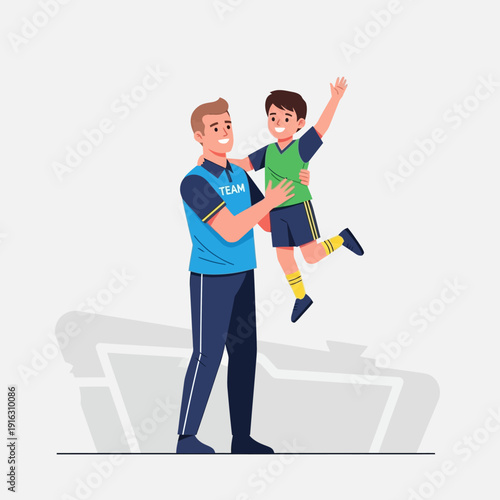 Father lifting happy son in soccer uniform, celebrating victory, fatherhood, sports