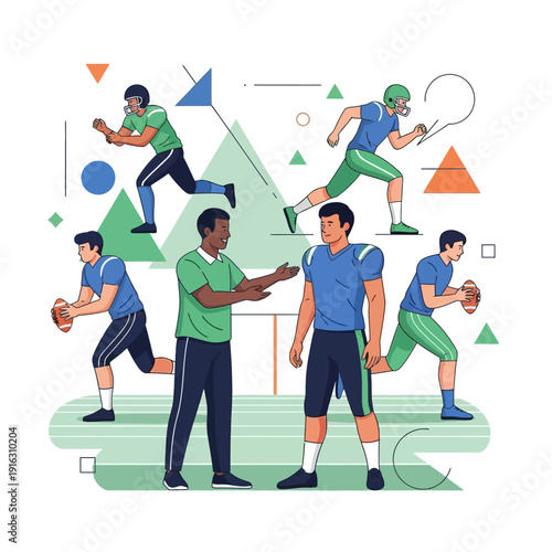American Football Team Training with Coach, Diverse Players Practicing Strategy on Field