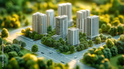 miniature cityscape with white buildings and roads surrounded by green trees