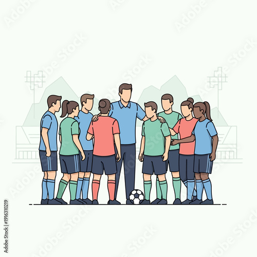 Soccer Coach Huddles Team Before Game, Motivational Talk on Field