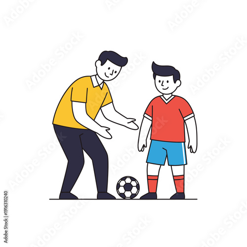 Coach teaching young boy soccer, football training, outdoor sports, father and son playing