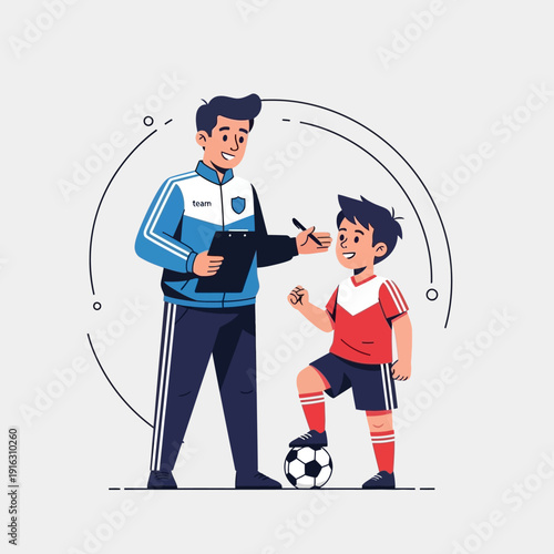 Coach instructing young soccer player on field, teamwork and sports training concept
