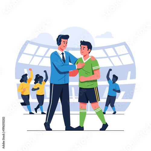 Coach congratulates soccer player on field with cheering fans in stadium background