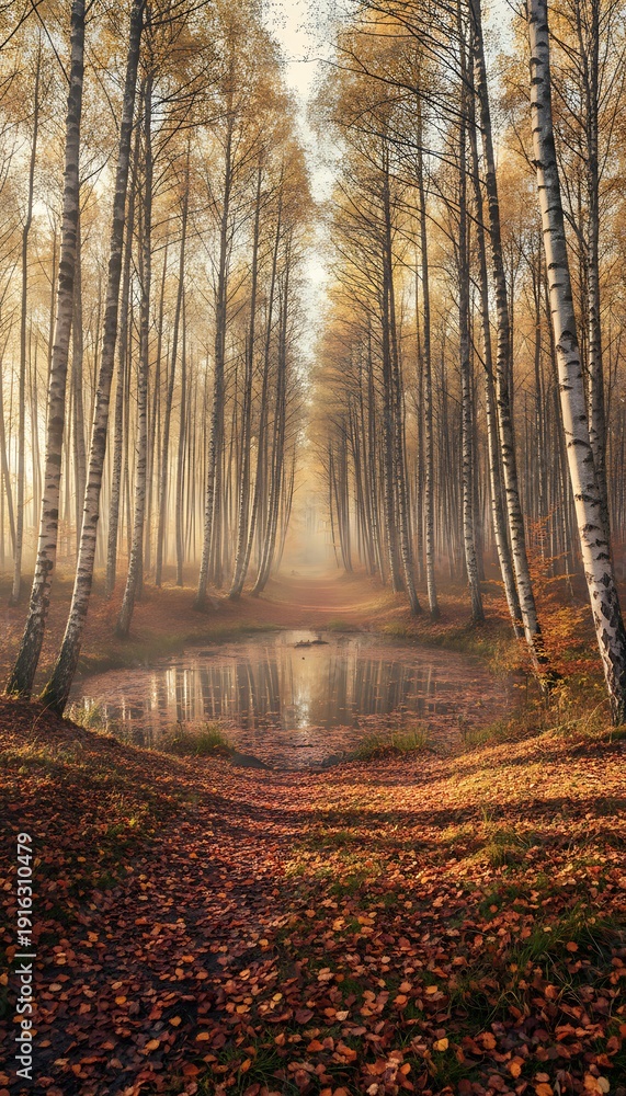 Obraz premium Path through a serene forest with golden hues, leading to a calm pond