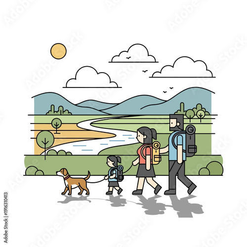 Family Hiking Adventure: Parents and Child with Dog Walk Through Scenic Landscape