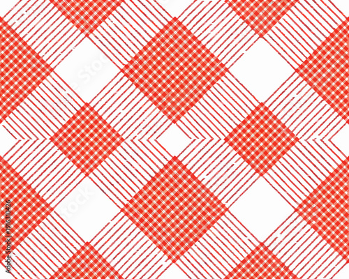 Red and white gingham pattern with diagonal lines and repeating squares