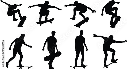 Skateboarder silhouette vector illustration set with tricks and poses—ideal for sports artwork, lifestyle branding, educational visuals, and youth culture design projects.