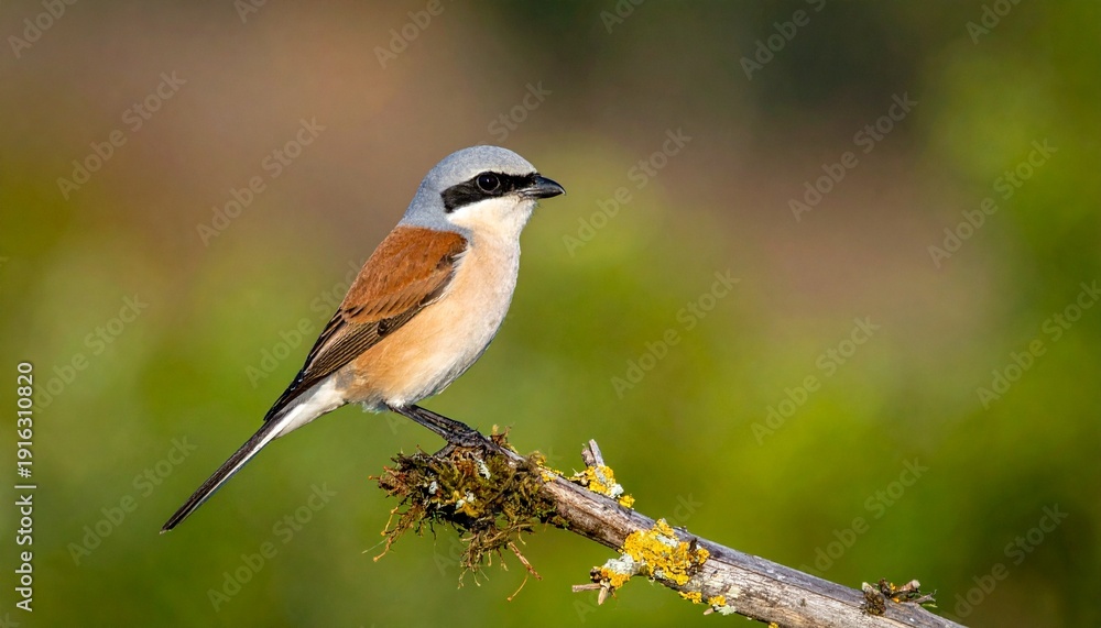 Fototapeta premium Perched songbird with grey head, reddish back, and black mask on a mossy branch, against green bokeh