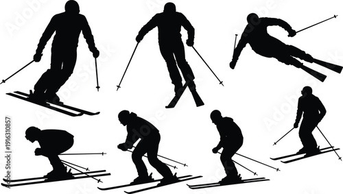 Skiing silhouette vector illustration set with dynamic poses and techniques—ideal for winter sports artwork, lifestyle branding, educational visuals, and outdoor adventure design projects.