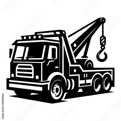 Tow Truck Silhouette: A dynamic black and white silhouette of a robust tow truck, meticulously crafted to represent strength and service.