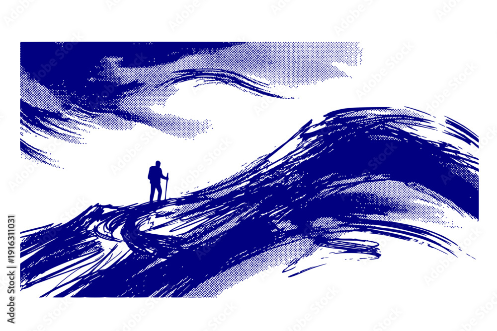 Naklejka premium Lone Figure Landscape Semi-Sketch Halftone-Dramatic Abstract Terrain-Solitary Scene Black-White Single Illustration - Lone Figure