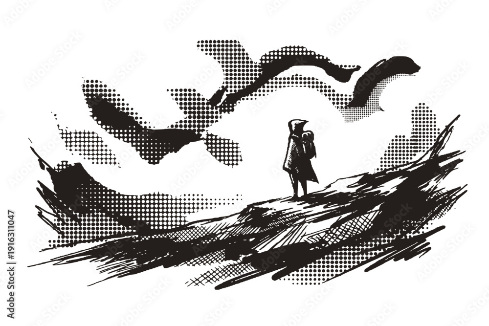 Naklejka premium Lone Figure Landscape Semi-Sketch Halftone-Dramatic Abstract Terrain-Solitary Scene Black-White Single Illustration - Lone Figure