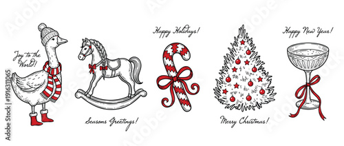 Christmas New Year Holiday Hand Drawn Icon Set with Goose Rocking Horse Candy Cane Christmas Tree and Champagne Vector Illustration Isolated on White