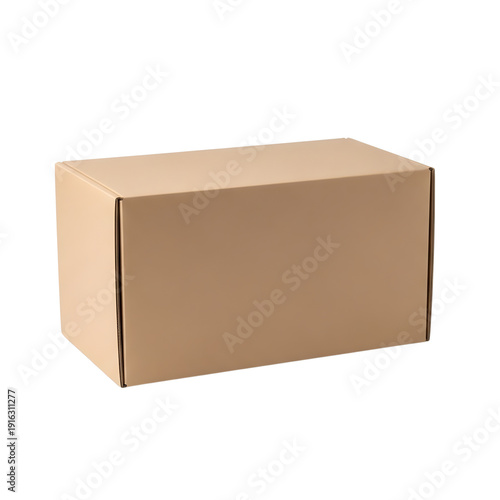 A cardboard box is viewed from the front on a plain surface