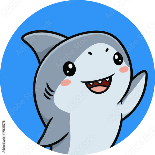Cute shark cartoon character waving fin on blue circle background