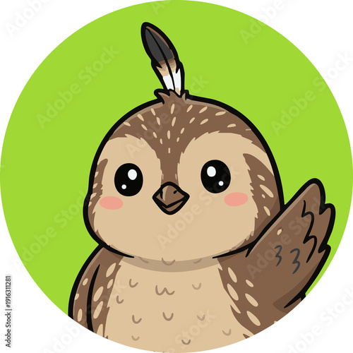 Cute quail cartoon character waving wing on green circle background