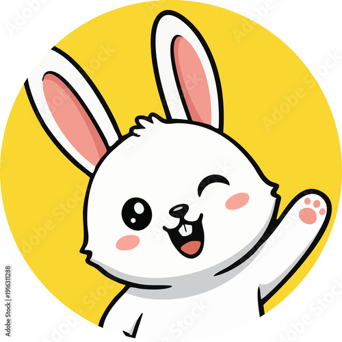 Cute bunny cartoon character waving paw and winking on yellow circle background