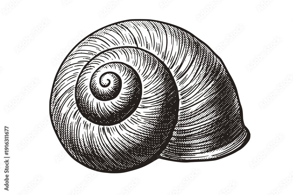 Naklejka premium Snail Shell Vintage Semi-Sketch Halftone-Spiral Pattern Poster Art-Artistic Shell Black-White Single Illustration - Snail Shell
