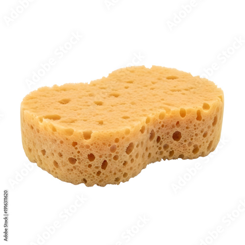 A close-up view of a yellow sponge on a plain white surface displaying its porous texture and holes