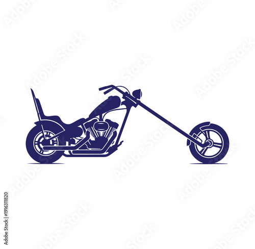 Dark blue chopper motorcycle with long front fork and low seat isolated on white background