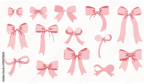 Pink watercolor ribbon bows girlish hair and gift decoration vector collection