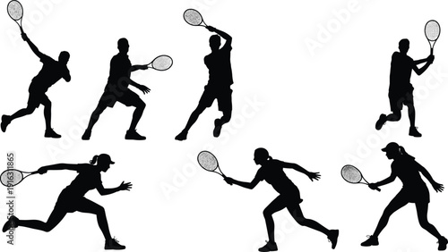 Tennis silhouette vector illustration set, dynamic player poses with rackets, sports artwork, athletic graphics, and fitness branding designs