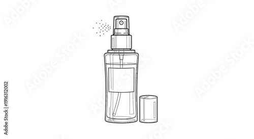 Hand drawn illustration of a spray bottle with mist and cap, isolated on white background.