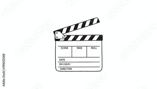 Hand Drawn Movie Clapperboard Icon, Film Production Slate, Cinema Equipment, Isolated on White Background