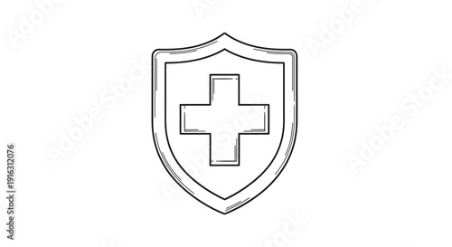 Hand Drawn Shield with Medical Cross Icon, Health Protection Symbol