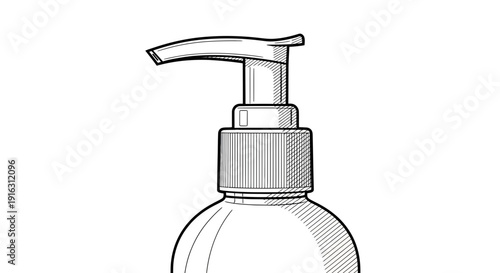 Hand drawn sketch of a liquid soap dispenser pump with a clear bottle and white background