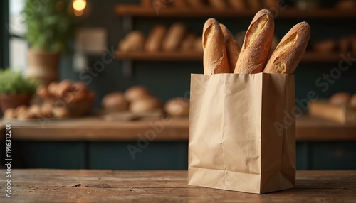 Paper bag full of fresh baguettes rests on wood counter. Bakery goods ready for customer purchase. Soft background shows more bread and plants.