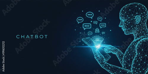 AI Chatbot Technology Concept with Digital Human Using Smartphone, Virtual Assistant Communication, Artificial Intelligence Messaging and Customer Support Innovation Illustration