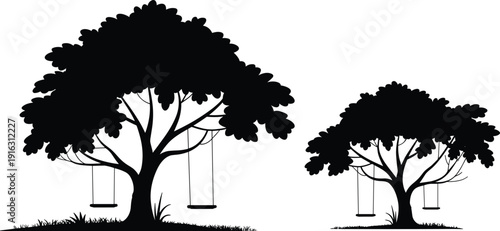 Tree with multiple swings silhouette vector illustration, nostalgic childhood outdoor design, decorative artwork, and playful nature graphics