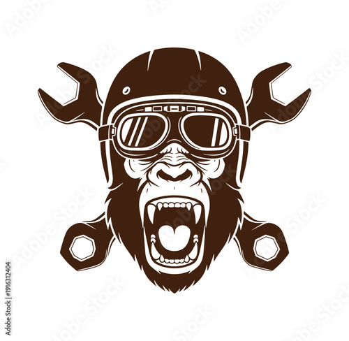 gorilla wearing motorcycle helmet and goggles with wrench and nuts  aggressive monkey head