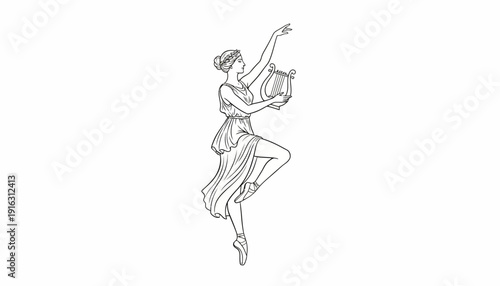 Graceful dancer in ancient Greek attire holding a lyre, performing ballet on pointe.
