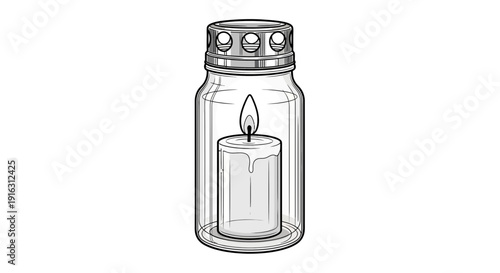 Grave Candle in Glass Holder with Metal Lid, Black and White Line Drawing