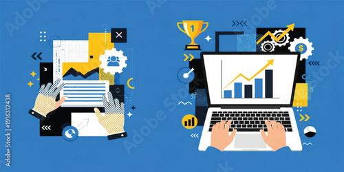 Business Data Analysis and Financial Growth Concept with Laptop Dashboard, Marketing Strategy Planning, Investment Analytics and Corporate Performance Illustration