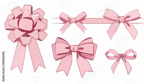 Elegant pink satin ribbon bow elements watercolor style vector pack