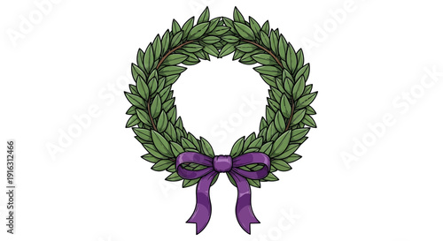 Green Laurel Wreath with Purple Ribbon Bow, Symbol of Victory and Achievement
