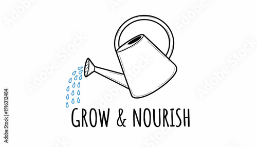Grow and Nourish watering can illustration with water drops and text