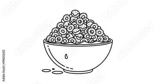 Hand Drawn Cereal Bowl with Milk and Cereal Rings, Breakfast Food Illustration