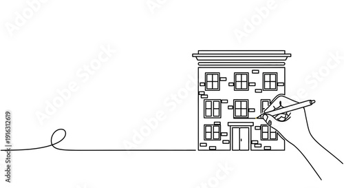 Hand drawing a building with a pen, concept of construction, design, and real estate