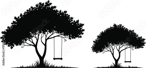 Tree with swing silhouette vector illustration, nostalgic childhood design with outdoor elements, decorative artwork, and peaceful graphics