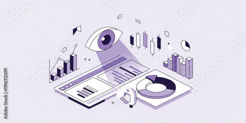 Data Analytics Dashboard with Eye Monitoring Concept, Business Statistics Visualization, Financial Reports, Performance Analysis and Digital Data Tracking Technology Illustration