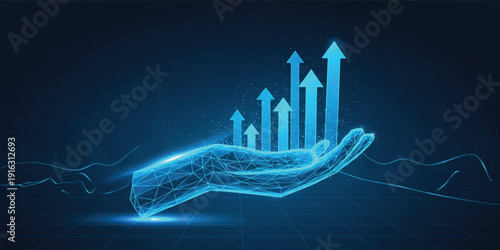 Digital Business Growth Concept with Futuristic Hand Holding Rising Arrows, Financial Success Analytics, Investment Increase and Technology Innovation Background Illustration