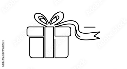 Gift Box Icon with Ribbon and Bow, Simple Line Art, Celebration and Surprise