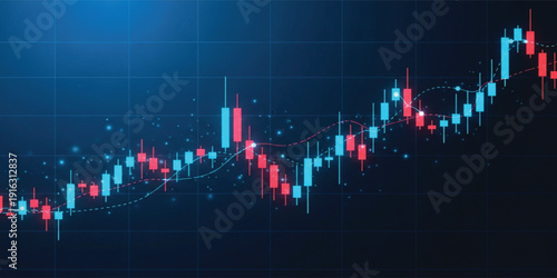 Digital Financial Stock Market Trading Graph with Blue and Red Candlestick Charts and Glowing Data Points on Grid Background for Forex and Investment Analysis