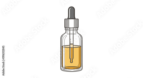 Glass dropper bottle with yellow liquid, cosmetic serum or essential oil, isolated on white